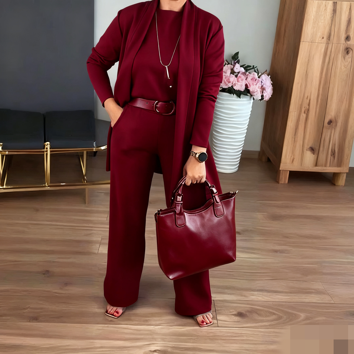 Erisandra™ - Ensemble 3 pièces élégant avec cardigan long, top et pantalon