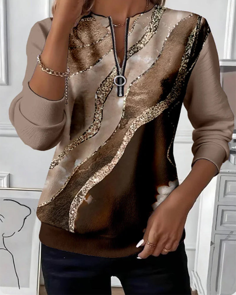 Dorevienne - Sweatshirt Décontracté à Demi-Zip Imprimé Vintage
