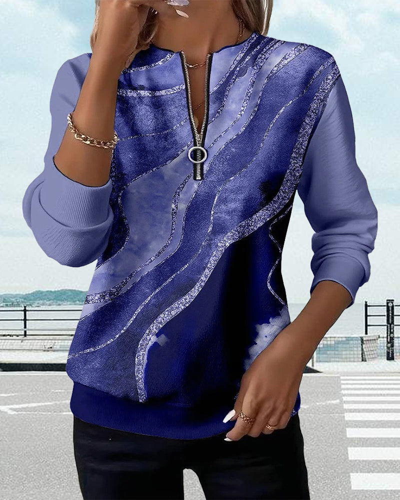 Dorevienne - Sweatshirt Décontracté à Demi-Zip Imprimé Vintage