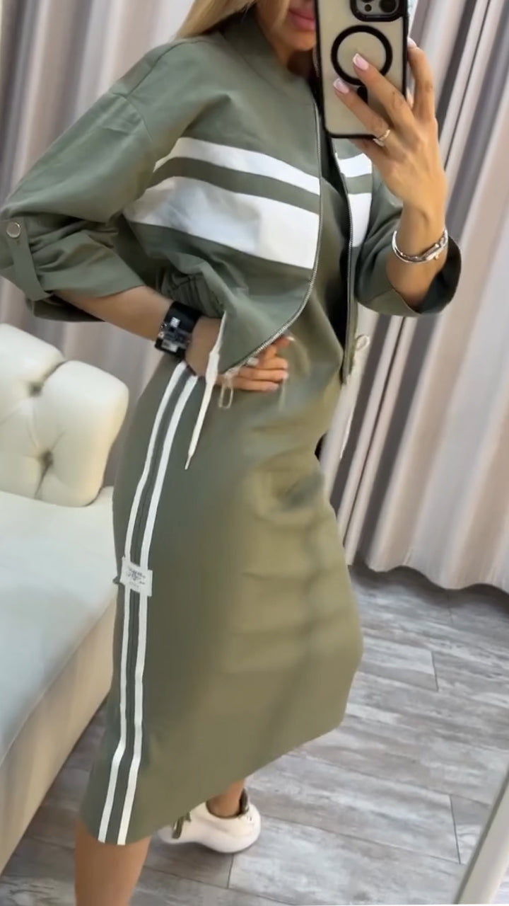 Pravella - Ensemble femme casual-chic avec robe midi à col rond et veste zippée