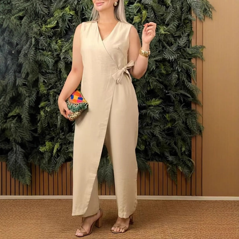 Mirabelle - Combinaison Femme Unie à Col V Décontracté avec Ceinture à Nouer
